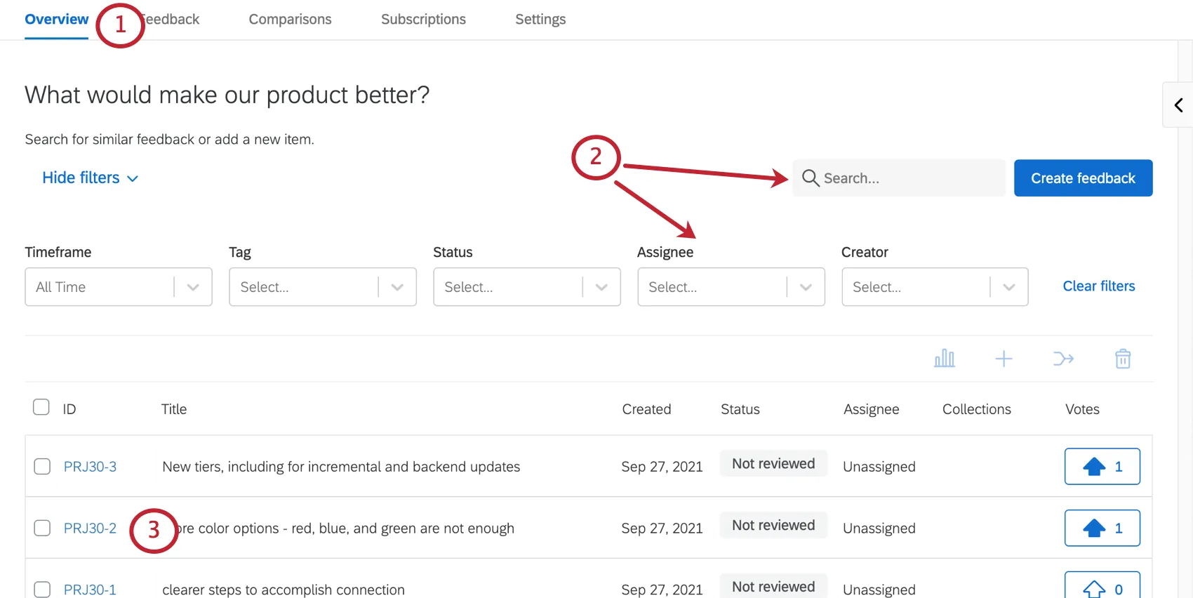 na guia de visão geral, procurando um item de feedback e selecionando-o