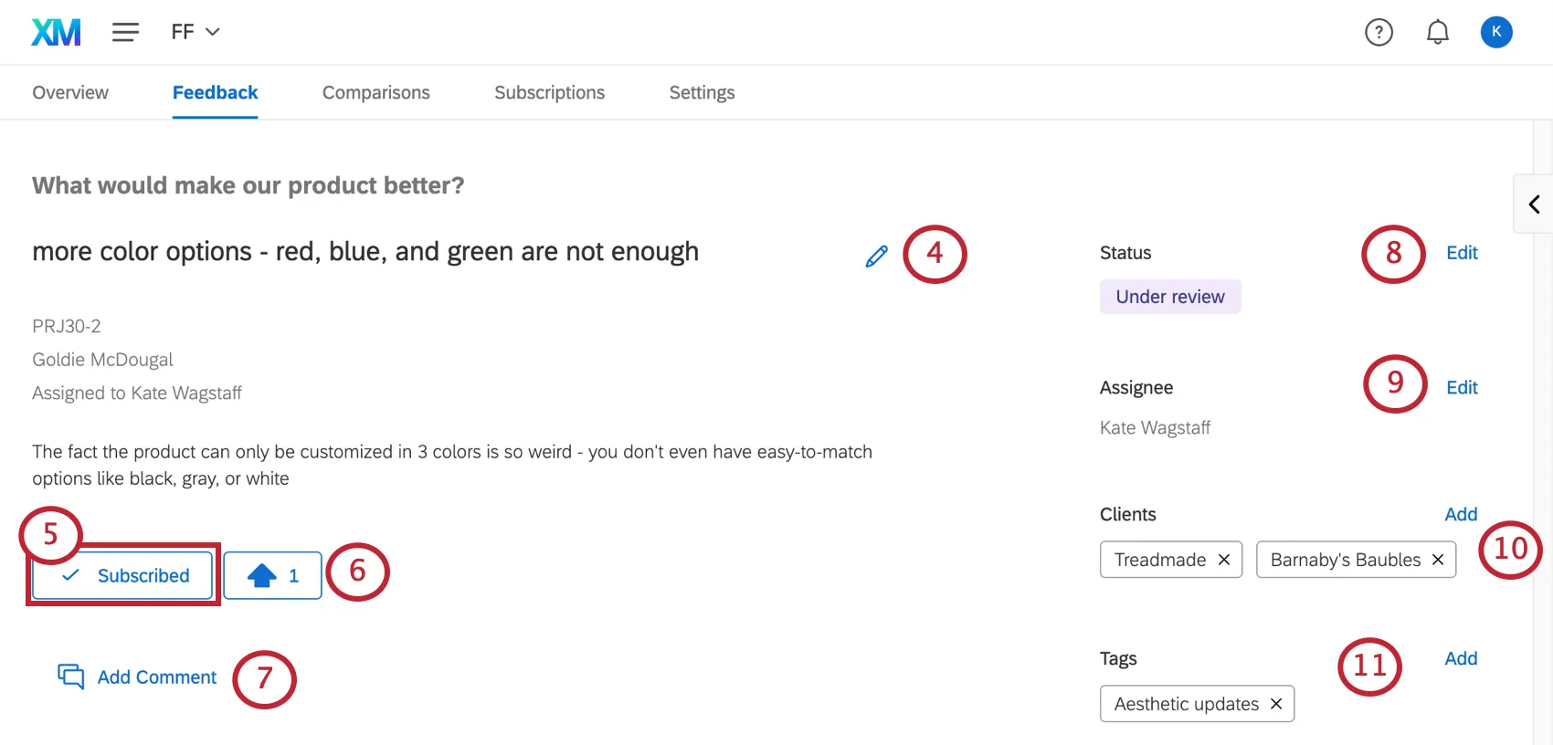 A picture of a feedback request. On the left are the name, description, basic info that cannot be edited, subscription settings, the ability to upvote, and the ability to add comments. On the right are the editable status, assignee, clients, and tags