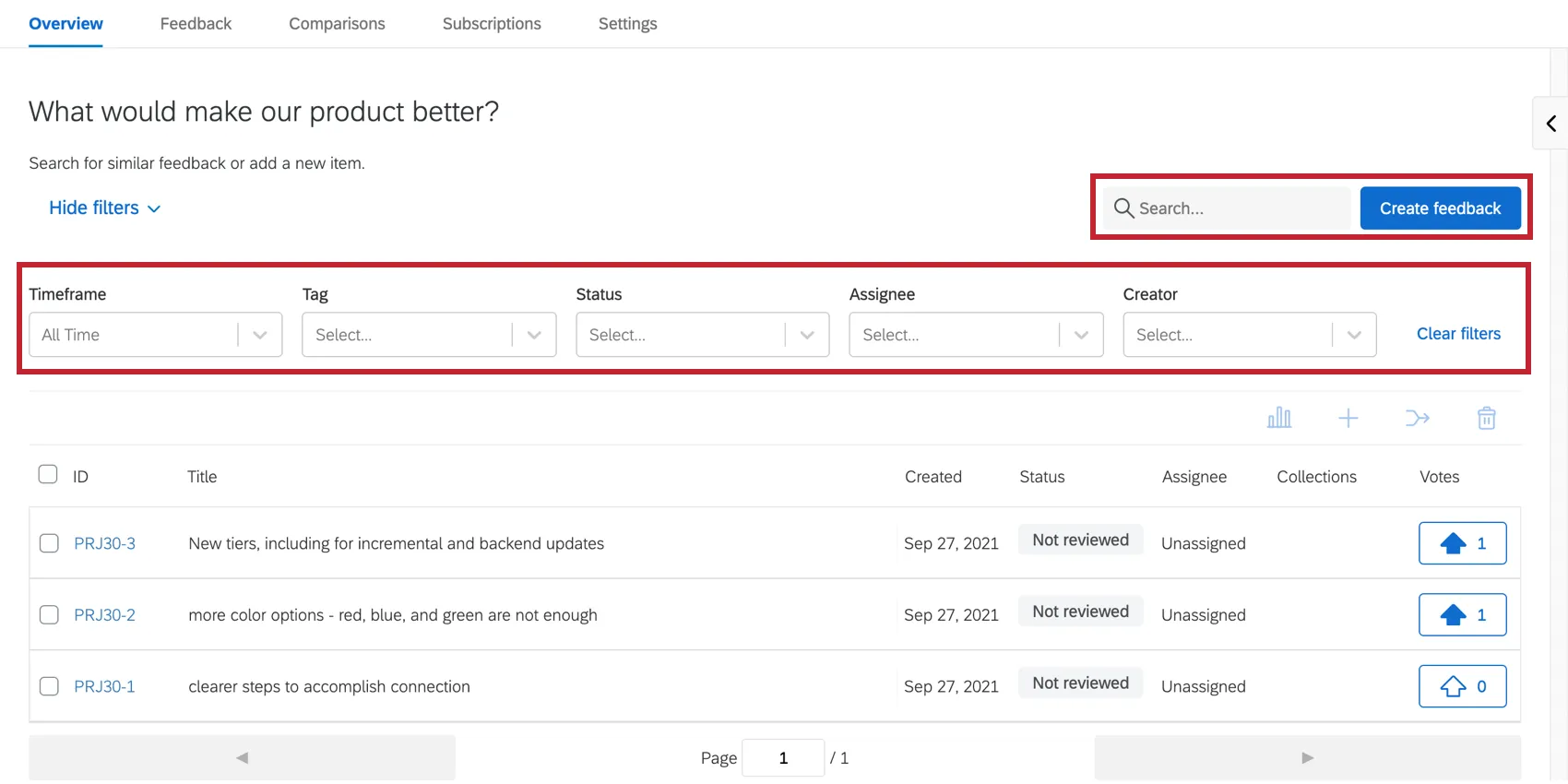 Unimmagine della scheda opinioni di frontline feedback; in alto a destra è presente una ricerca, mentre subito sotto sono presenti dei filtri