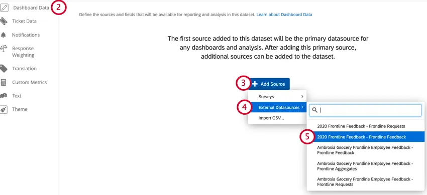 navigating to dashboard data and mapping the frontline feedback data source