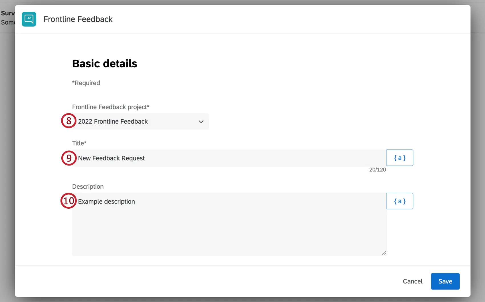 selezionare il progetto di feedback in prima linea utilizzando il menu a tendina, quindi inserire titolo e descrizione