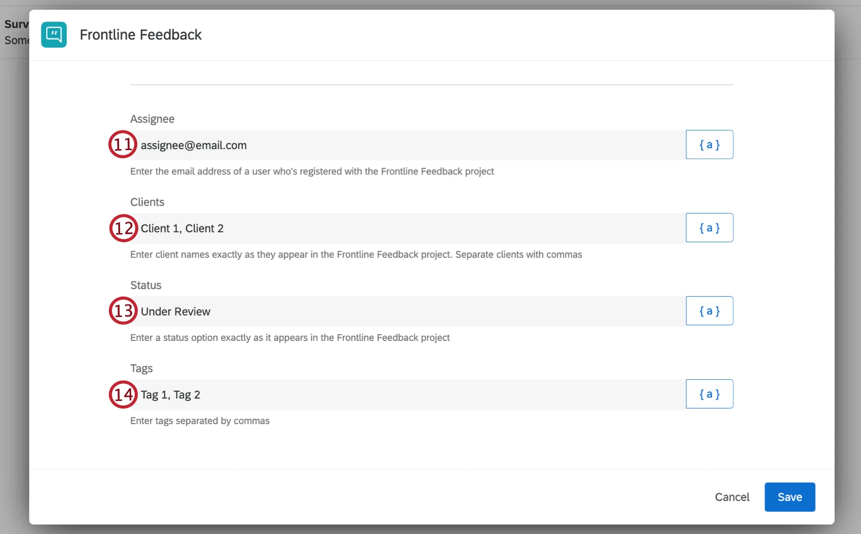adicionar campos adicionais à tarefa de feedback da linha de frente