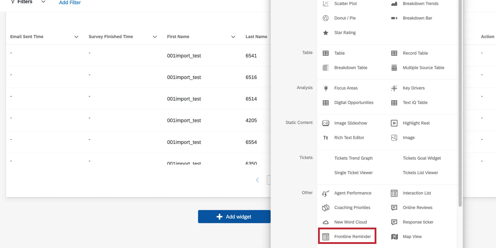 clicking add widget button makes a menu open up - in the other widgets section, you see frontline reminder