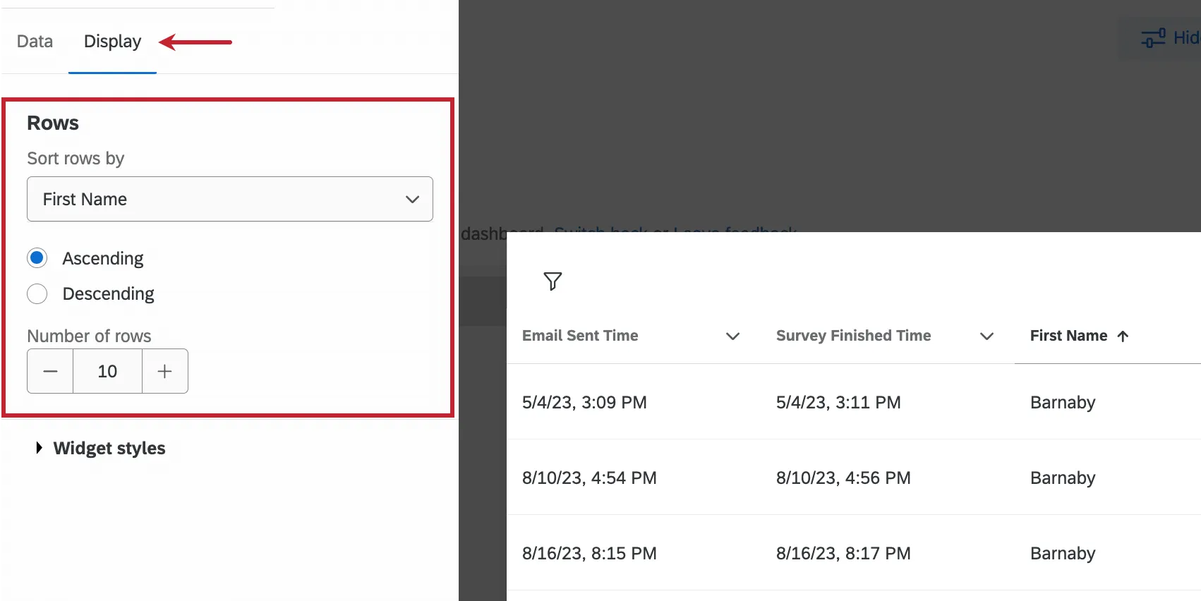 guia de opções de exibição do painel de edição do widget