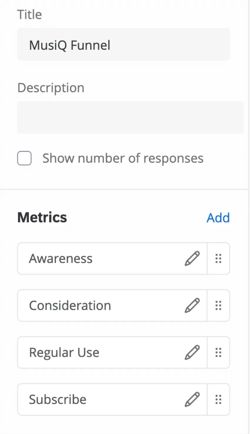 Editing pane with metrics that say awareness, consideration, regular use, subscription, just like the example we saw in the beginning of the page