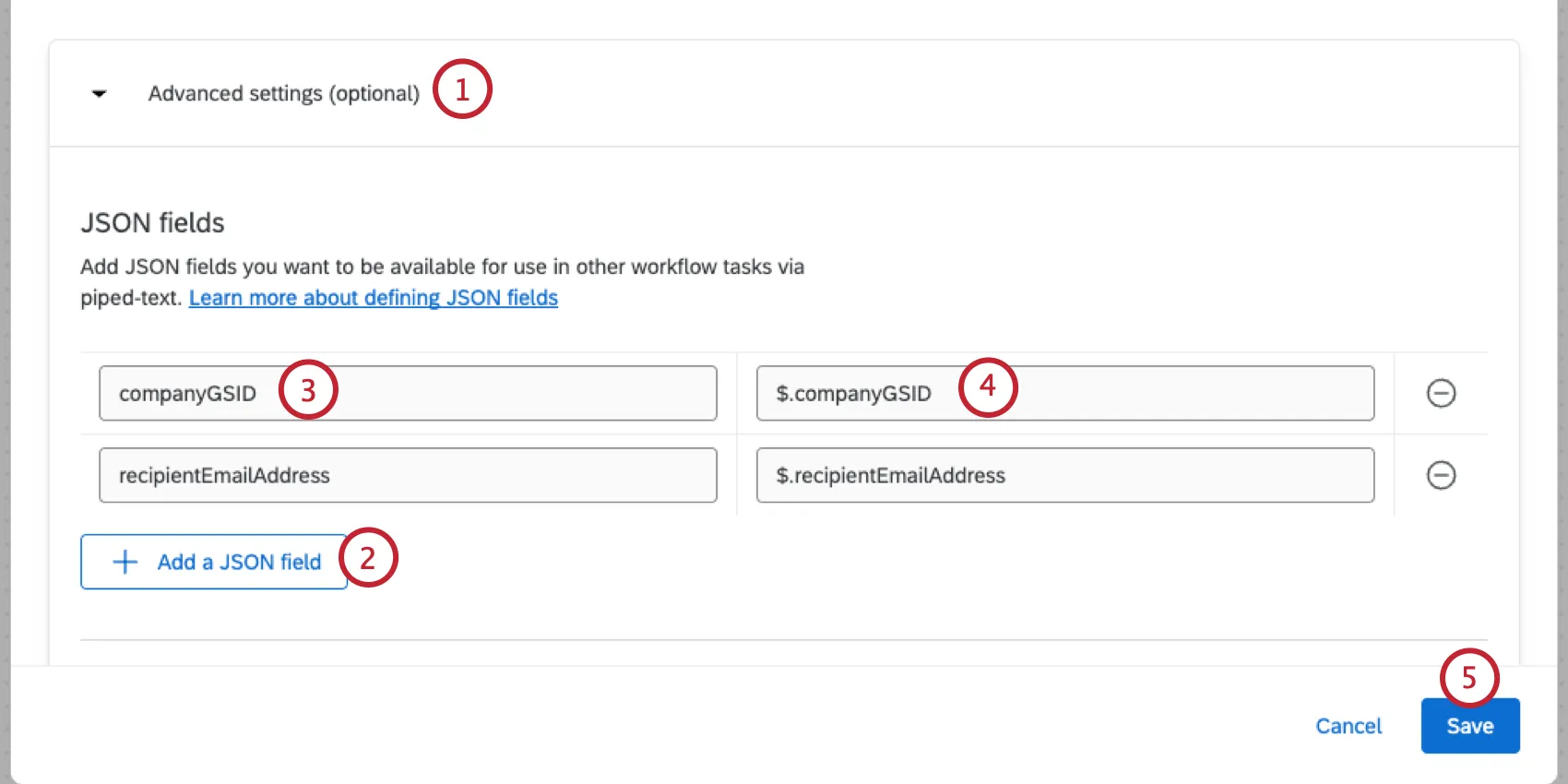 mappatura dei campi json nella sezione impostazioni avanzate dellevento json