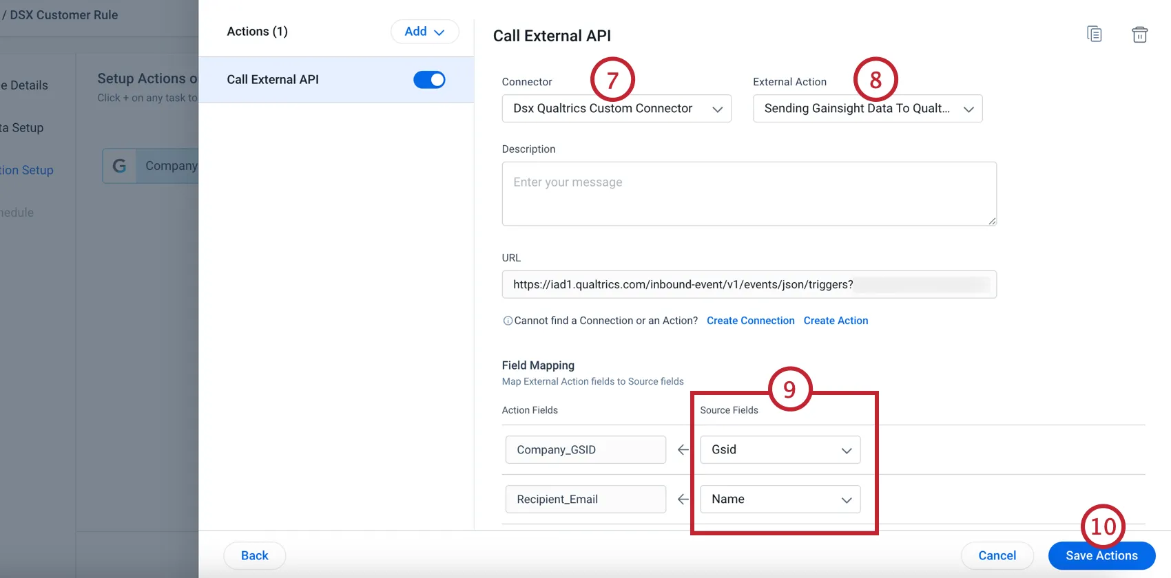 choosing the connection, action, and mapping data fields
