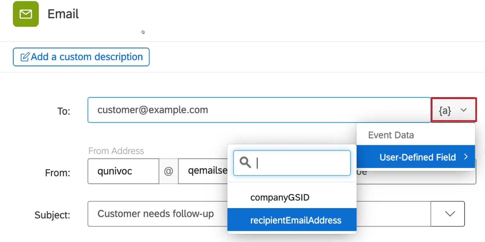 il menu di testo trasferito che mostra i campi json