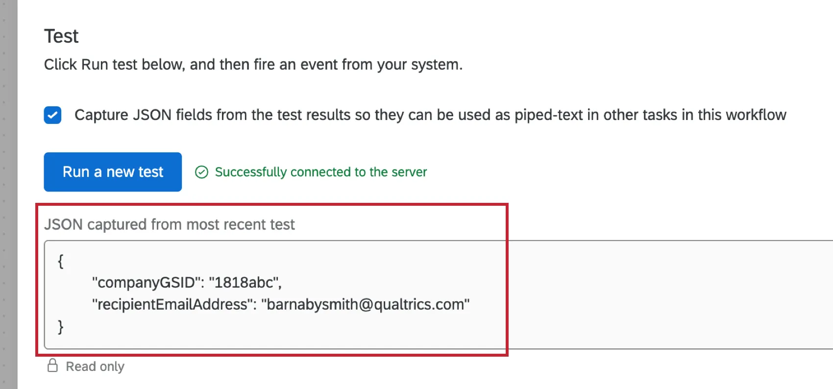 un message de test réussi dans Qualtrics