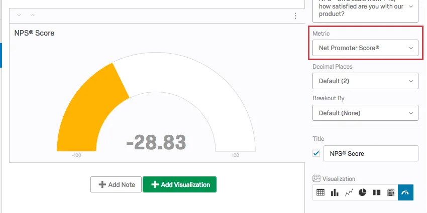 métrica no painel de edição de visualização definida como net promoter score
