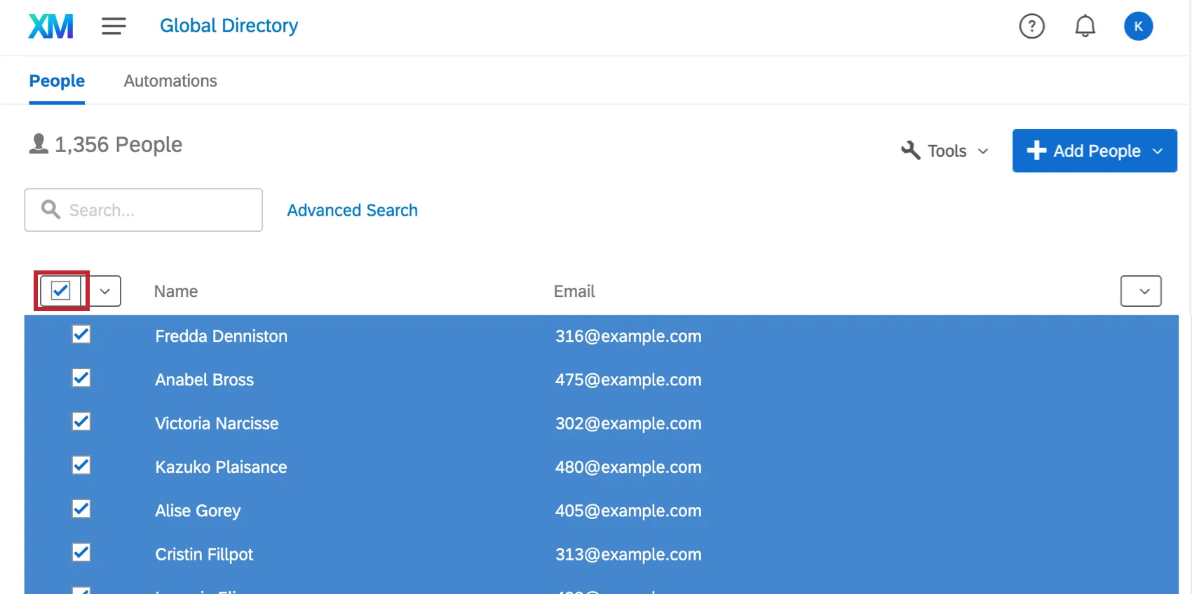 Checking the Select All checkbox in the upper-left corner of the Employee Directory