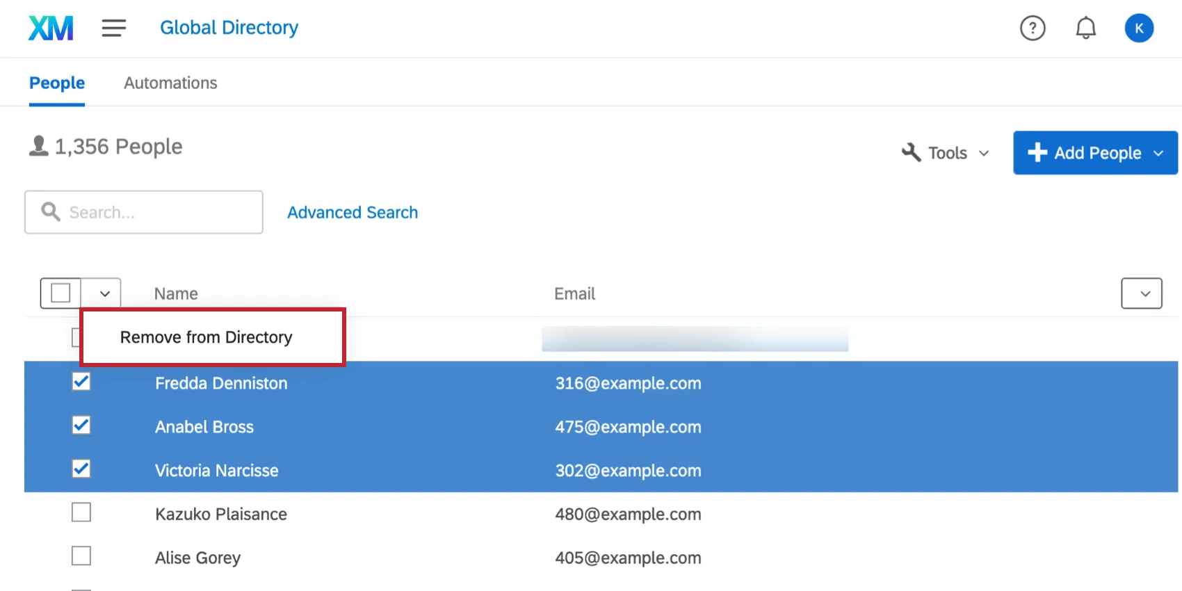 Using the Select All dropdown menu to remove individuals from the directory