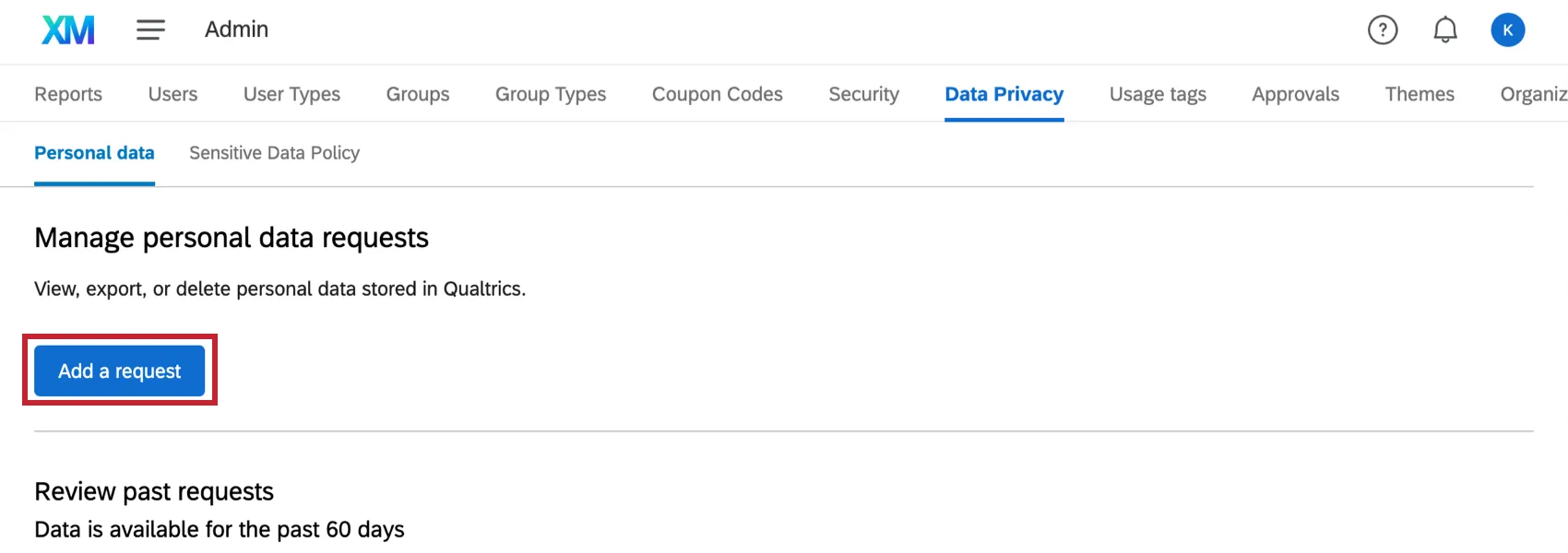 Under the sections described, a blue Add a Request button that appears after a couple sets of intro text