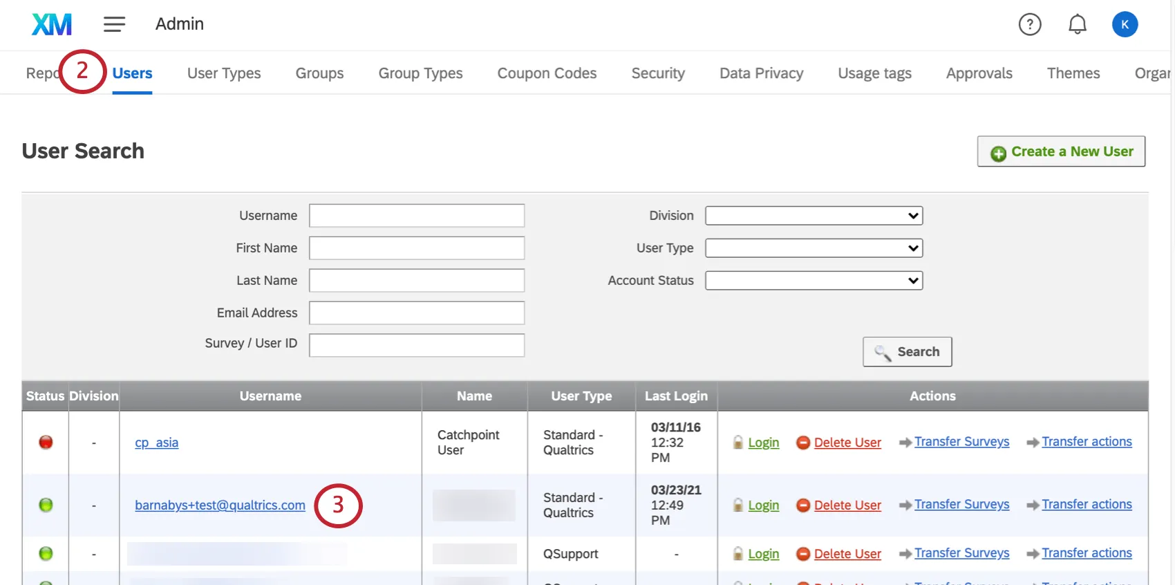 Users tab of admin section with users listed along bottom