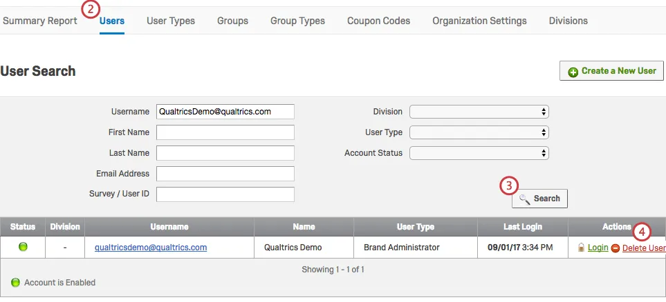 Delete User Option under rightmost Actions Column in list of users