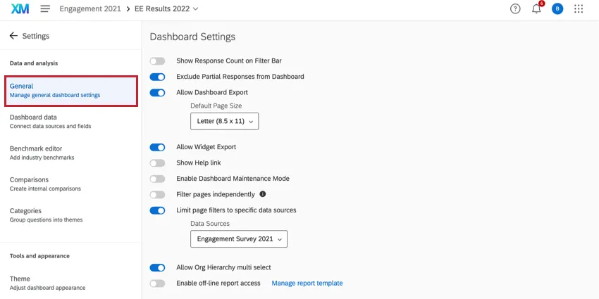 the general section of dashboard settings