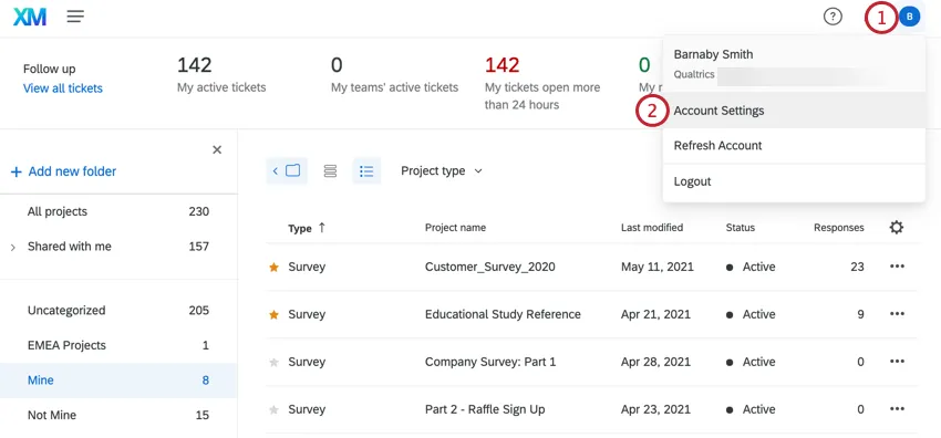clicking the initial icon in the top right then account settings