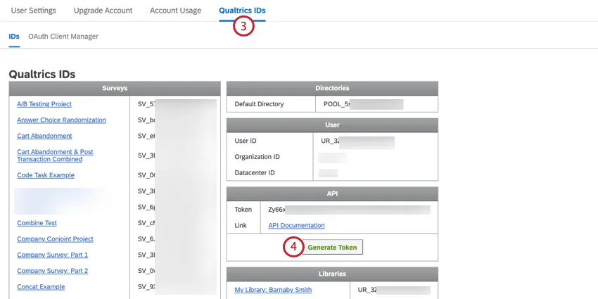 navigating to qualtrics ids and clicking generate token
