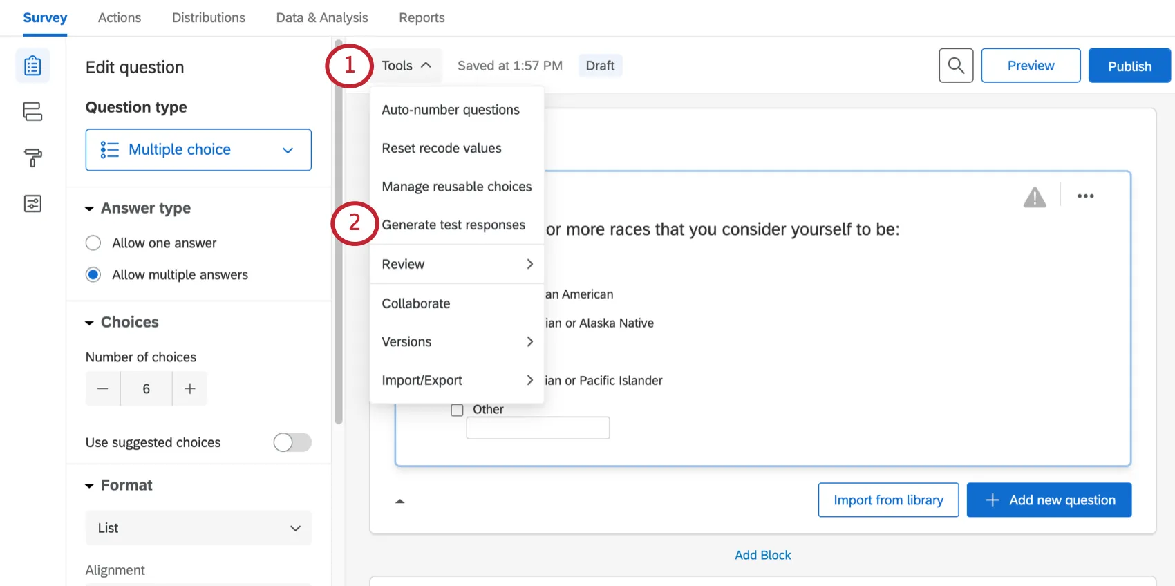 image of the generate test responses option in the tools menu