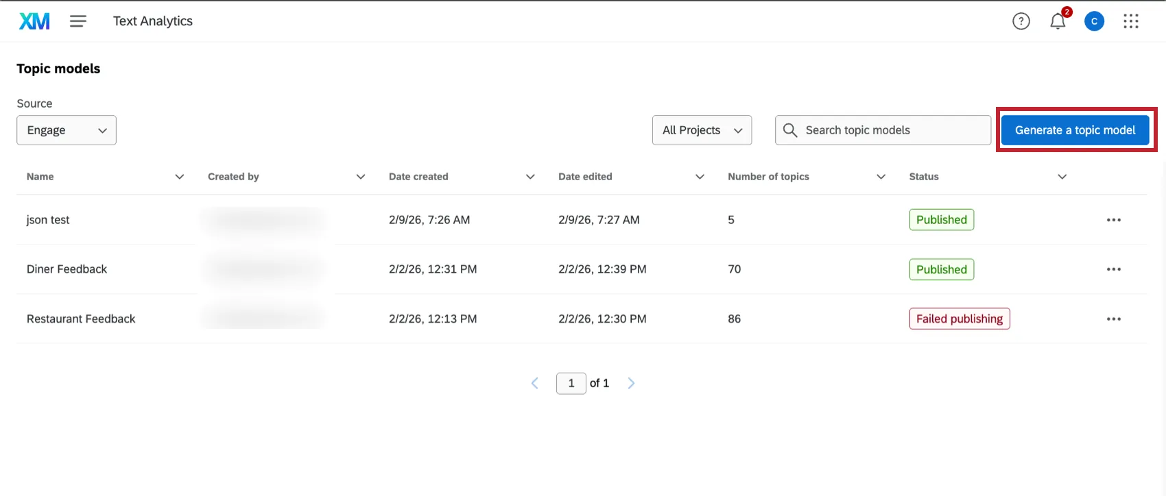 the "generate a topic model" button on the Text Analytics page