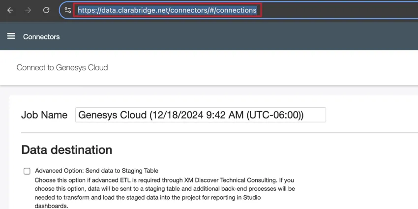 Ao configurar uma conexão genesys, copie o URL da página