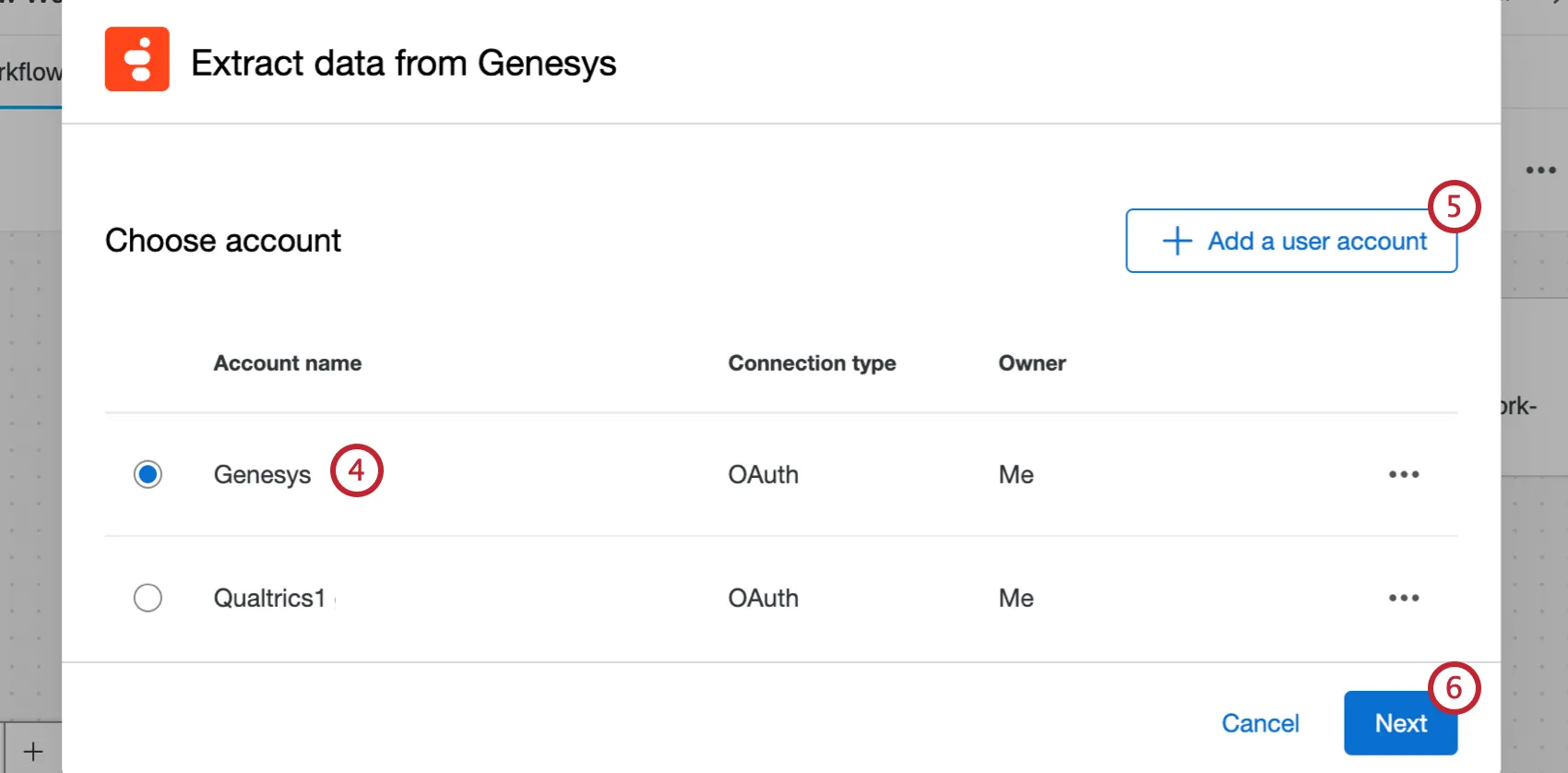 selecting a genesys account or adding a new one