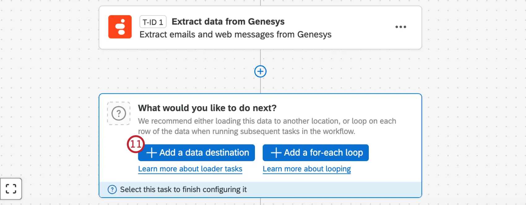 button within a workflow to add a data destination