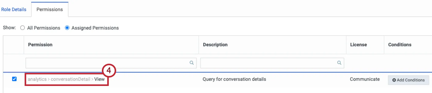 adicionar análises conversationDetail Exibir permissão na guia Permissões do Genesys