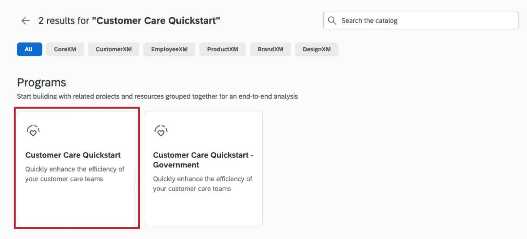 en sélectionnant "Customer Care Quickstart" à partir de la page des projets