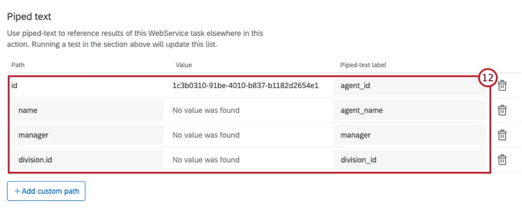 mapped fields in the piped text section