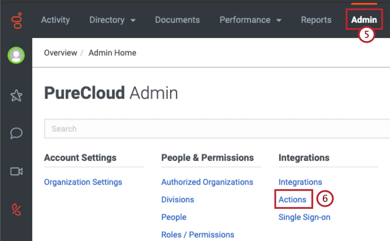 Opciones de administración y acciones en la pestaña de administración de Pure Cloud