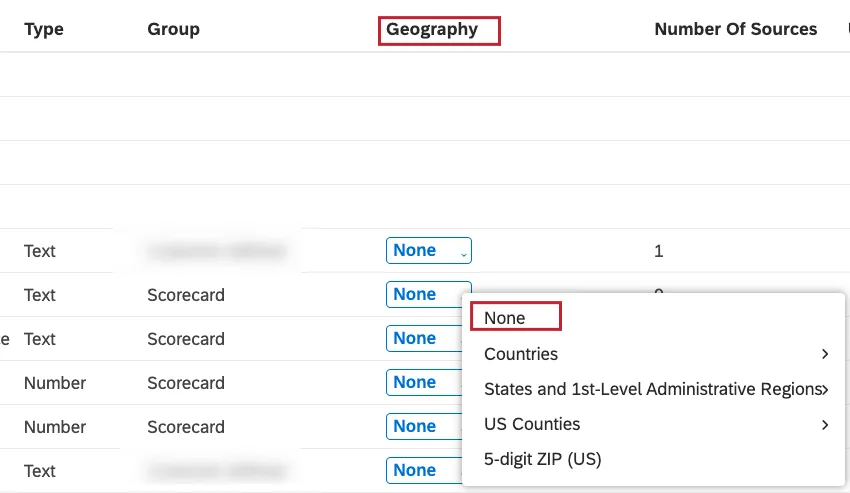 Localice un atributo o modelo que desee marcar como geográfico y seleccione una opción en la columna Geografía