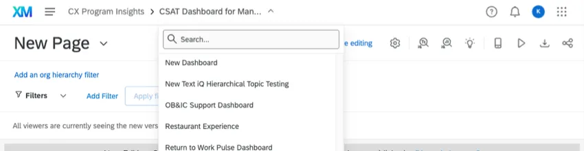 Dropdown list of dashboards inside the project