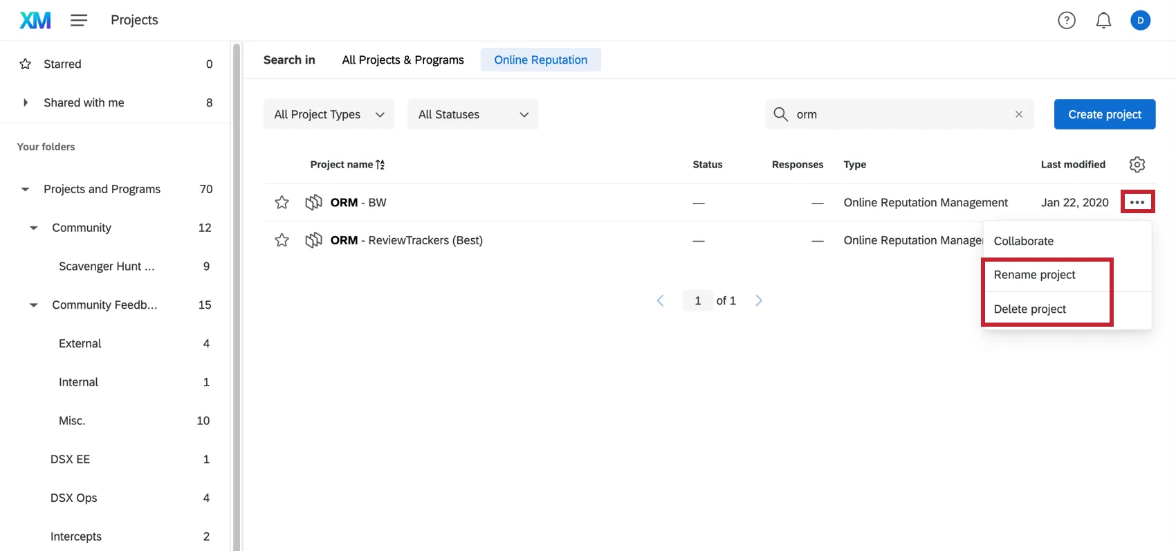 si è aperto il menu a 3 punti della pagina dei progetti, con evidenziate le opzioni di rinominazione e cancellazione