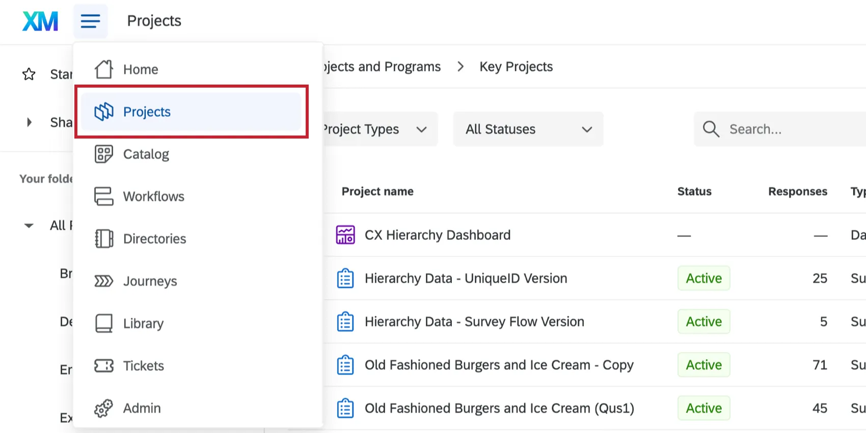 Pagina Progetti nel menu hamburger della navigazione globale