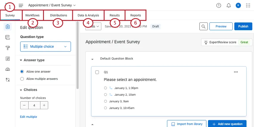 Las pestañas en la parte superior de la encuesta están numeradas y su propósito se describe con enlaces a más detalles a continuación.