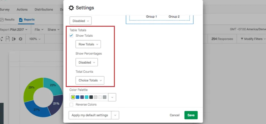 Totals option is selected revealing more selections
