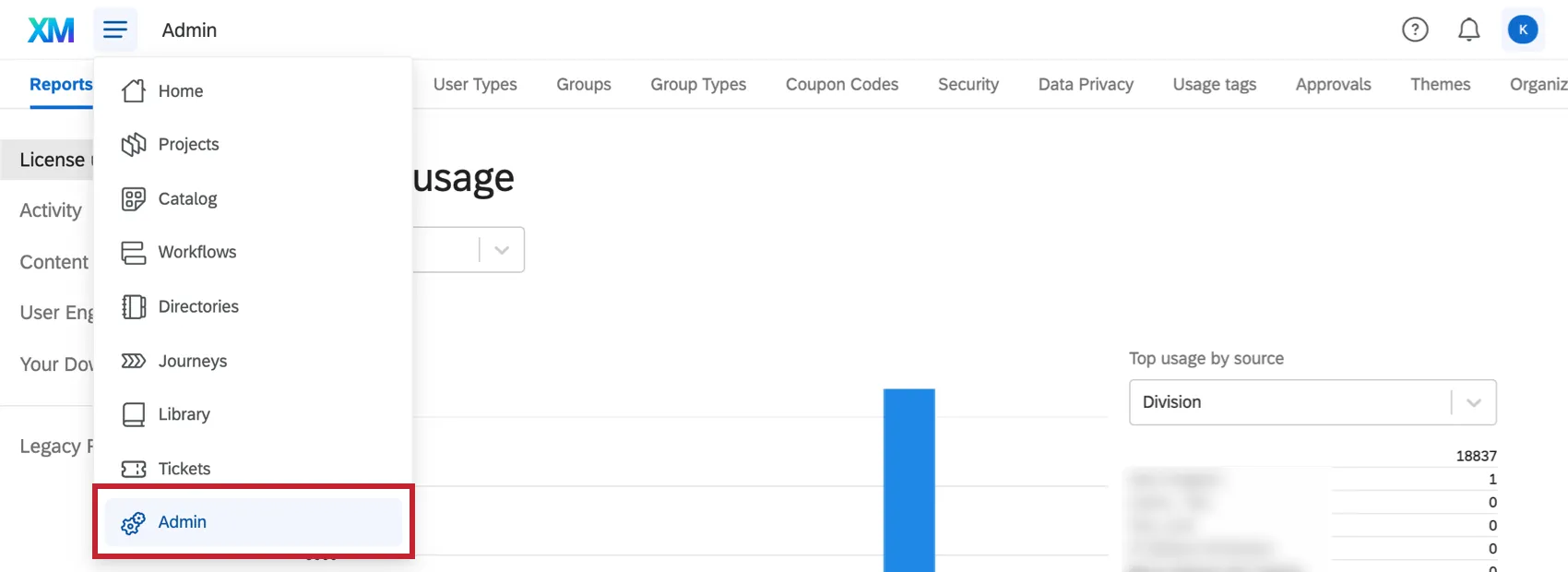 Choosing admin from the top-level navigation in the top-left of every page of the website