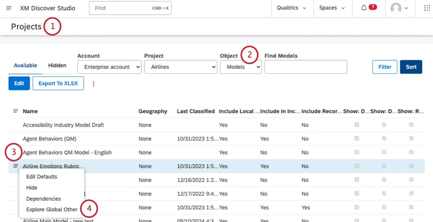 Modelos de categorías en el estudio, haga clic en las opciones para poder ver los datos sin categorizar