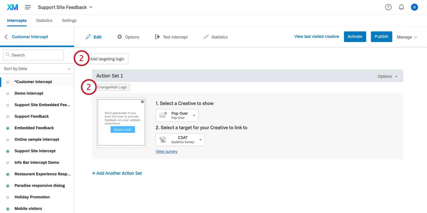 Add logic is step 2; both the intercept targeting logic and action set logic buttons are indicated