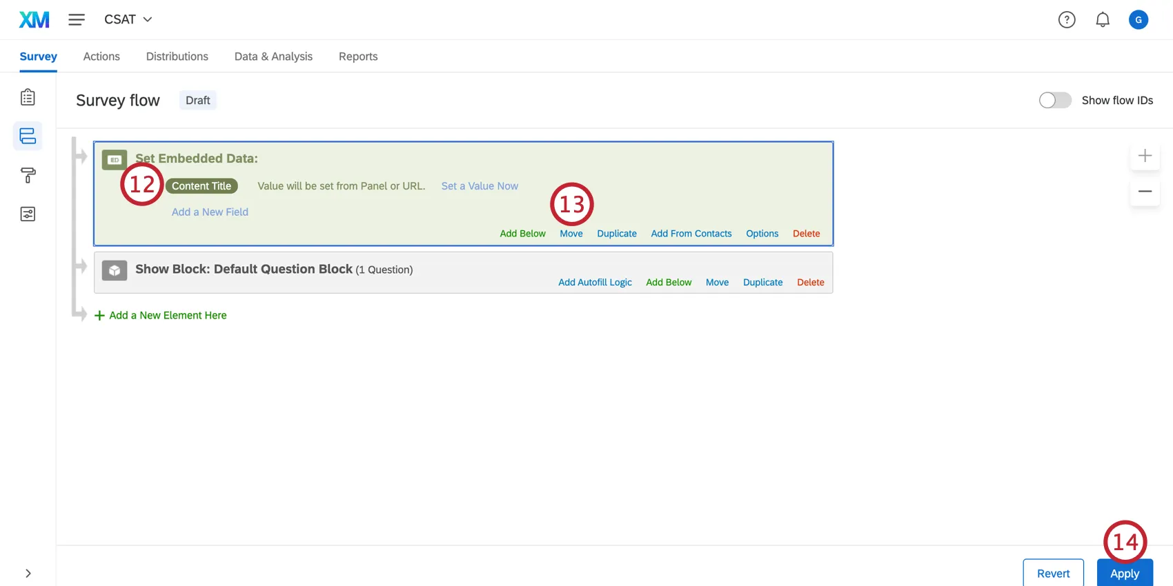 Specifying embedded data and moving the element to the top; Apply button is indicated in the bottom right