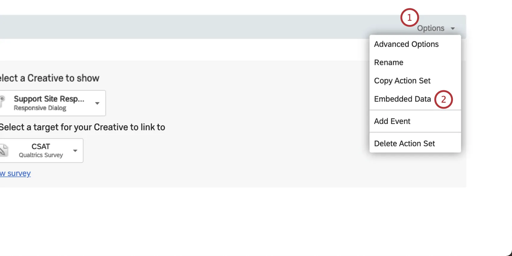 Options menu dropped down with Embedded Data highlighted