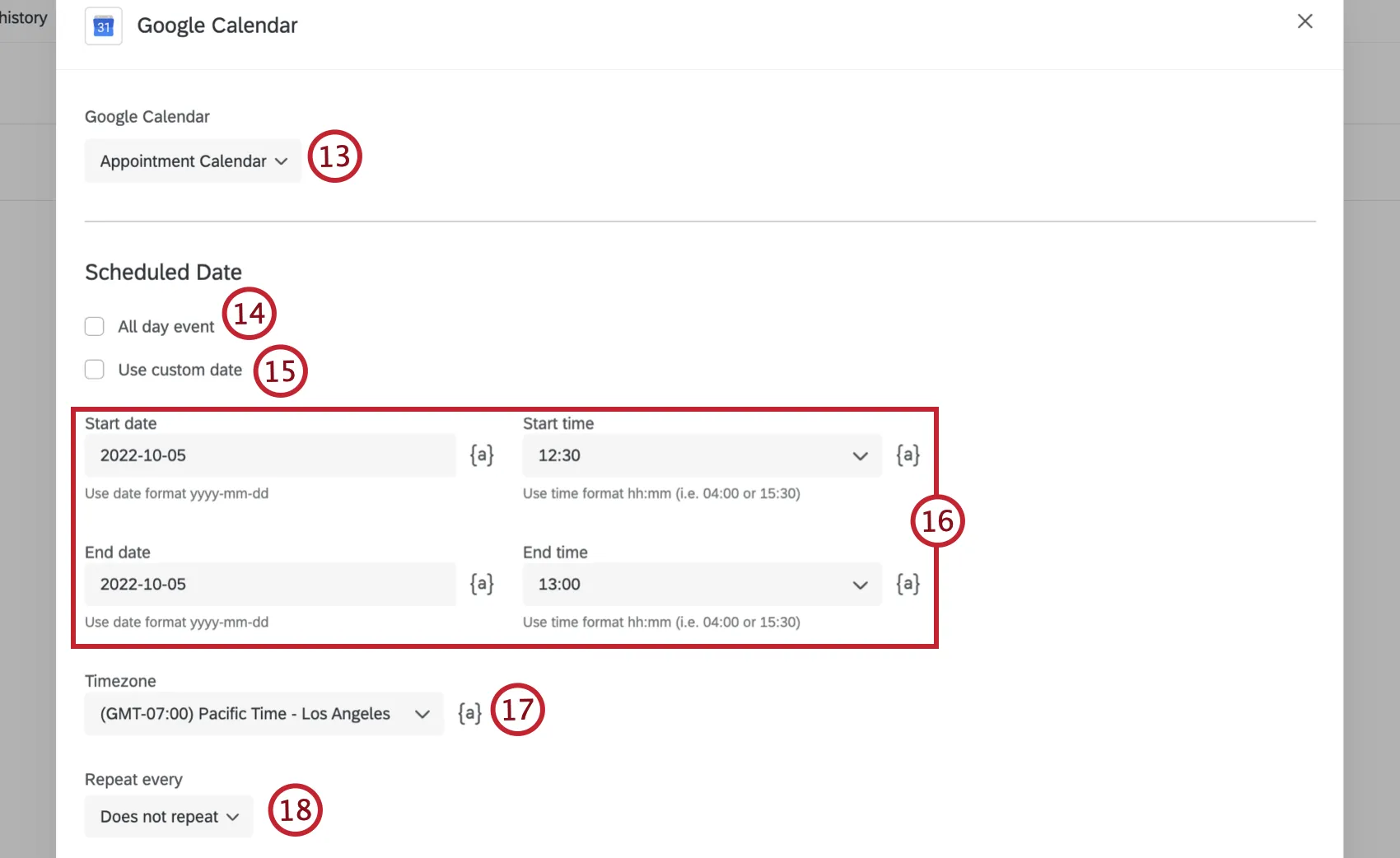 using the dropdown to select a calendar. Then, filling out the schedule for the event
