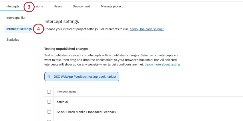 ウェブサイトプロジェクトのメインインターセプトタブ