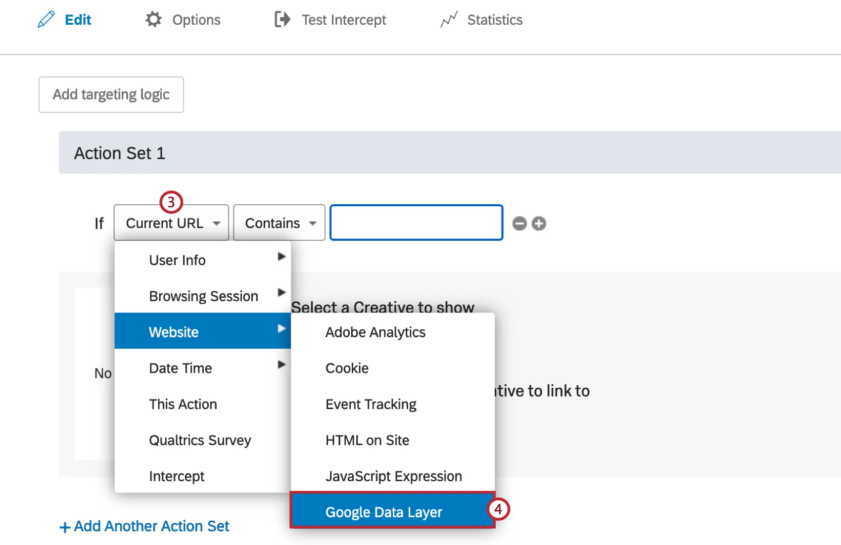 Dropping down the first item in the action set; Website and Google Data Layer are selected