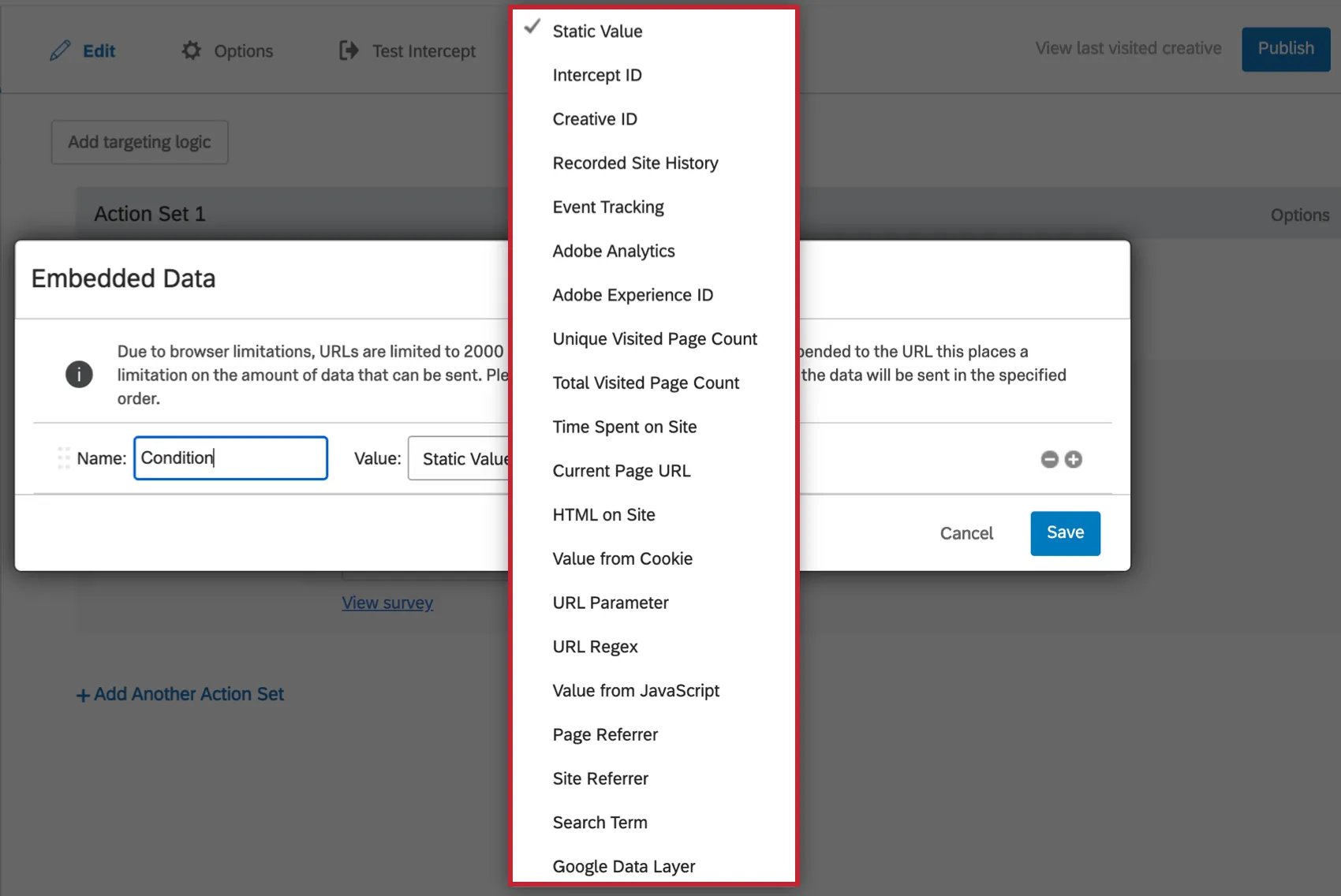 Tipi di valore dei dati integrati nel menu a discesa dei dati integrati di Feedback del sito web