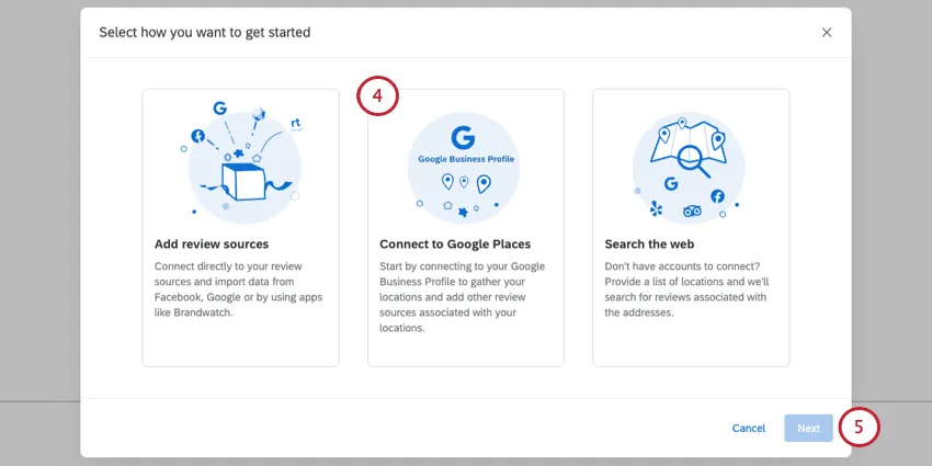 3 tiles shown, connect to google places is highlighted