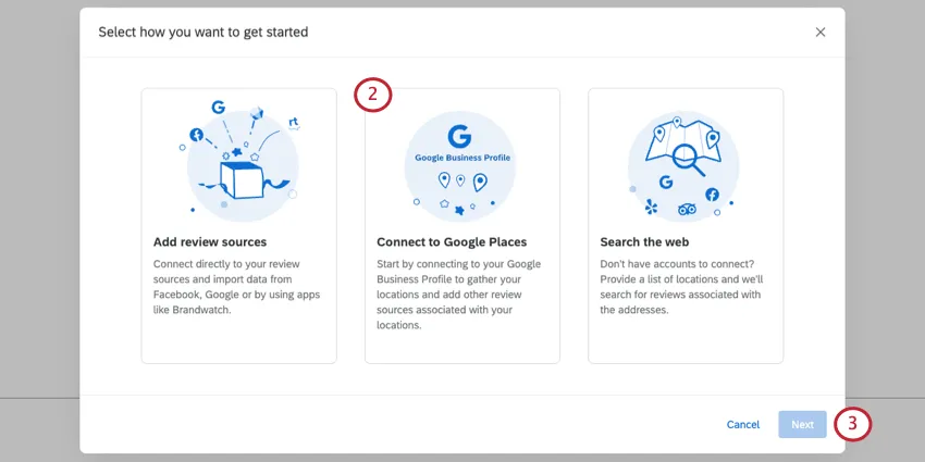 Se muestran 3 mosaicos, la conexión a Google Places está resaltada