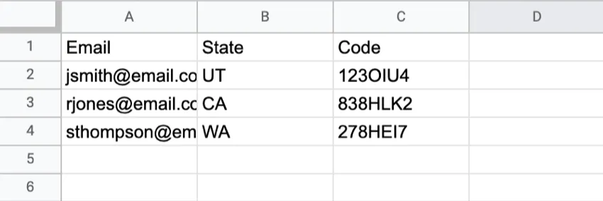 Beispiel-Tabellenkalkulation mit E-Mail, Bundesland/-staat und Gutscheincode