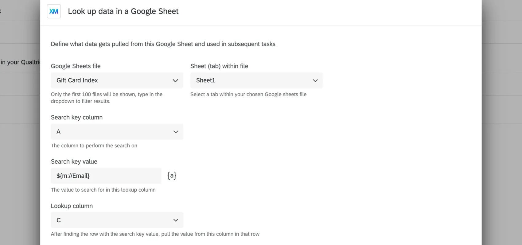 Ejemplo de tarea de hojas de cálculo de Google para buscar códigos de tarjetas de regalo